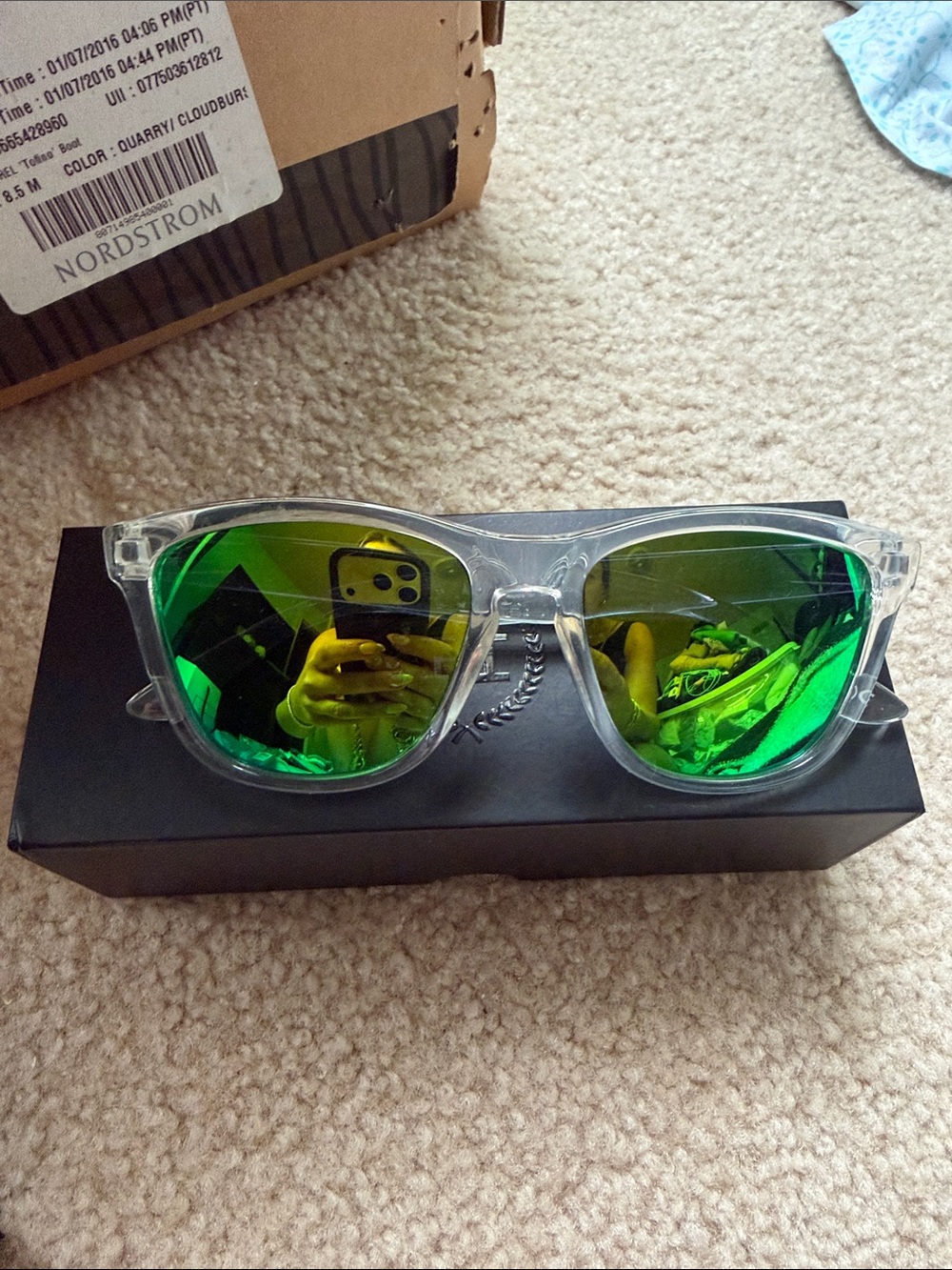 Clear Frame Sunglasses with Green Mirrored Lenses
